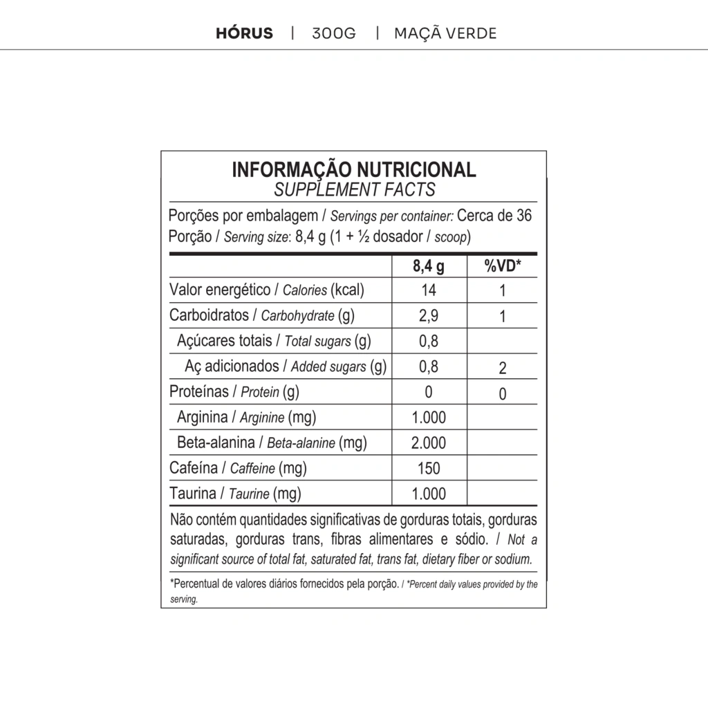 Tabela nutricional — Horus (Pote 300g) - Maca Verde
