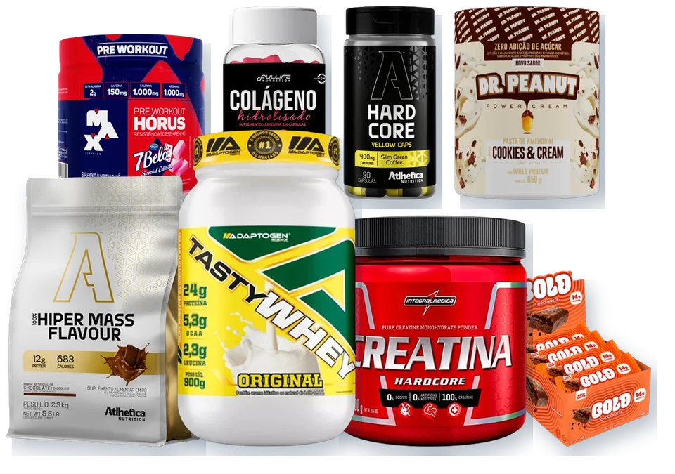 Whey protein, creatina, pré-treino, hipercalórico, colágeno, termogênico, pasta de amendoim e barra de proteína das marcas vendidas na D5